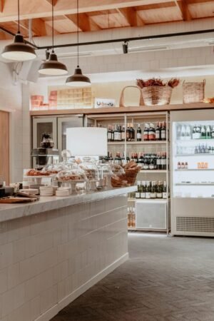 A stylish indoor setting with wine and bread display in an Istanbul store.